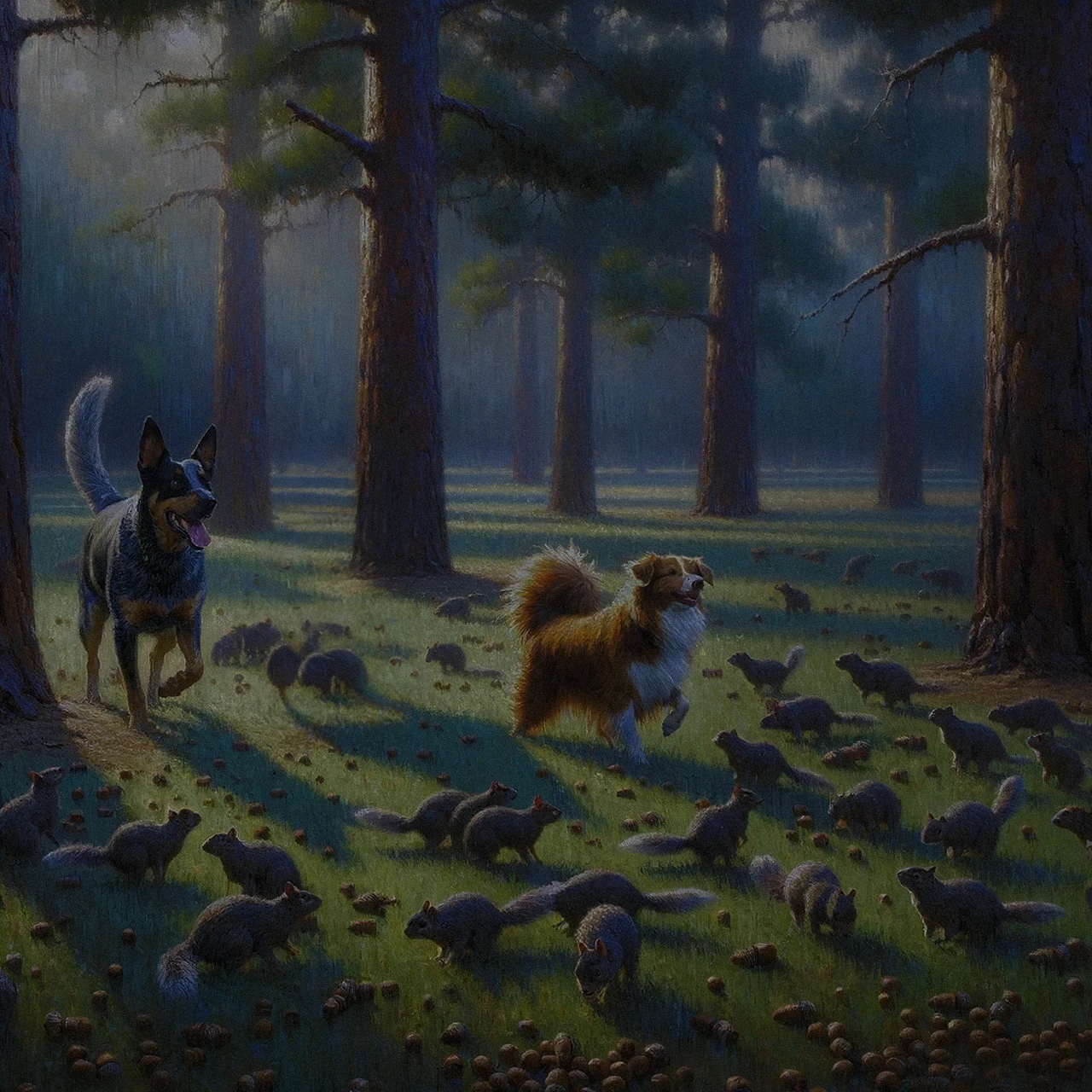 An impressionist style painting of two exploring dogs surrounded by pine trees, squirrels, and acorns
