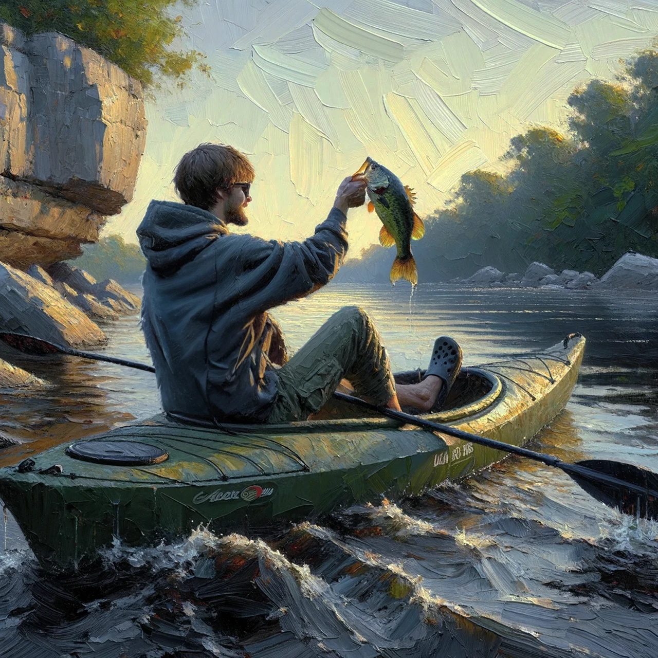 An impressionist style painting of a man sitting in a kayak fishing