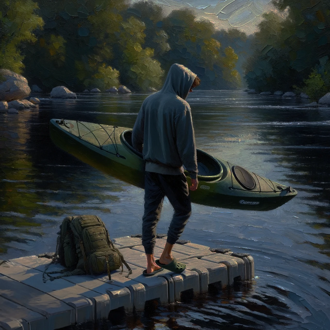 An impressionist style painting of a man holding a green kayak on a floating dock