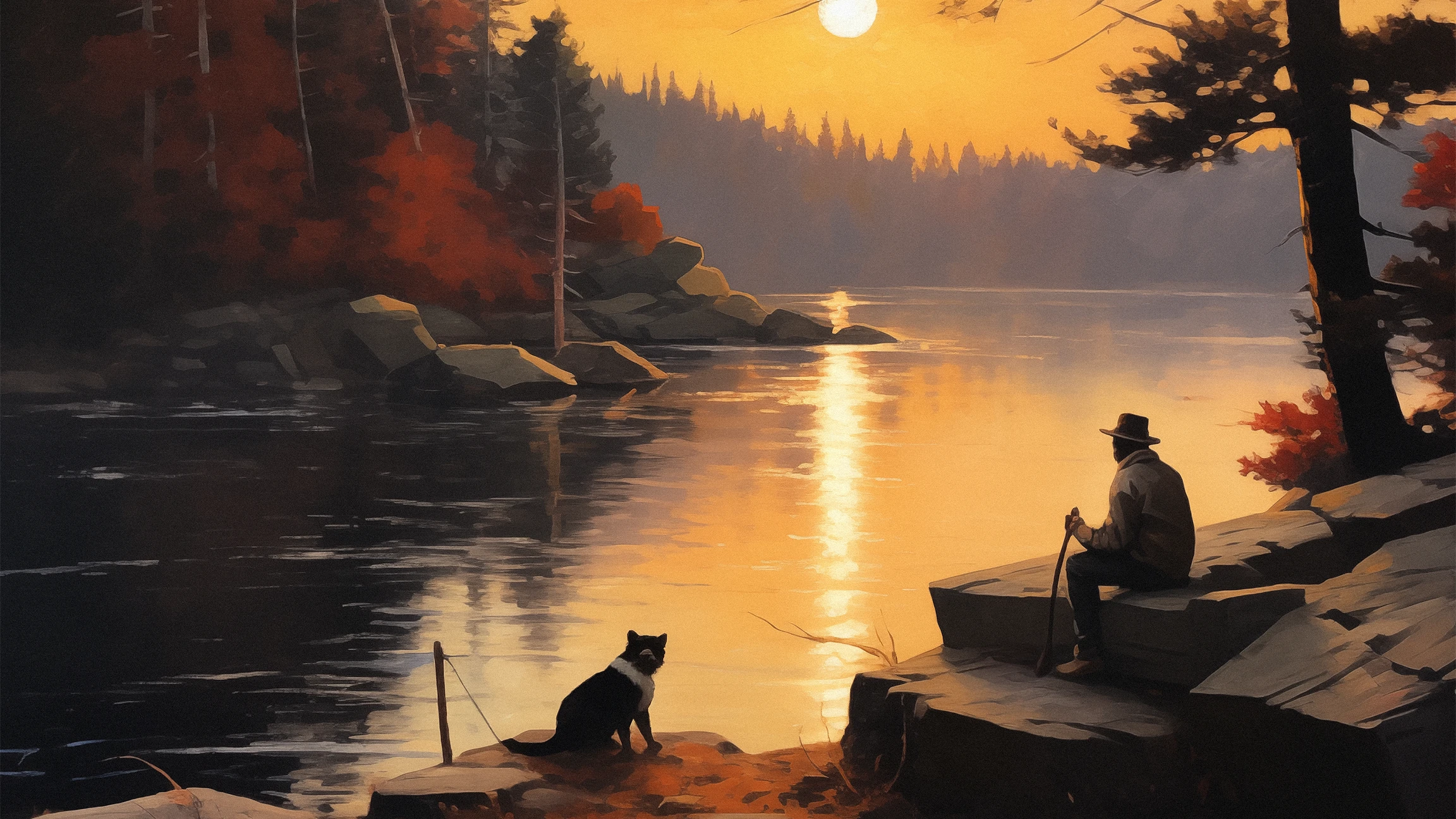 an impressionist style oil painting of a man and dog sitting on rocks by a river during sunrise - image generated by MidJourney