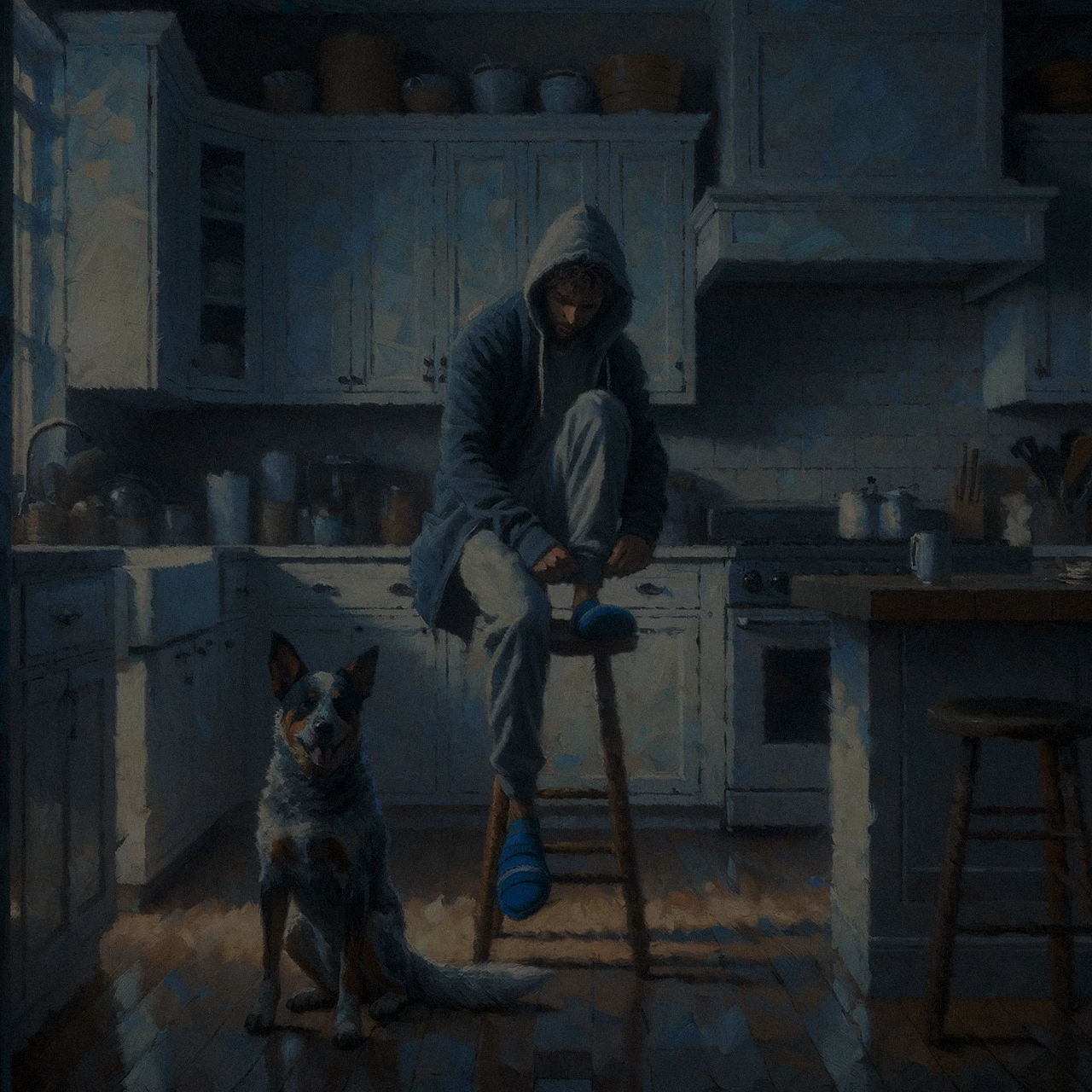 An impressionist style painting of a cattle dog waiting to be fed by a man sitting on a stool in loungewear