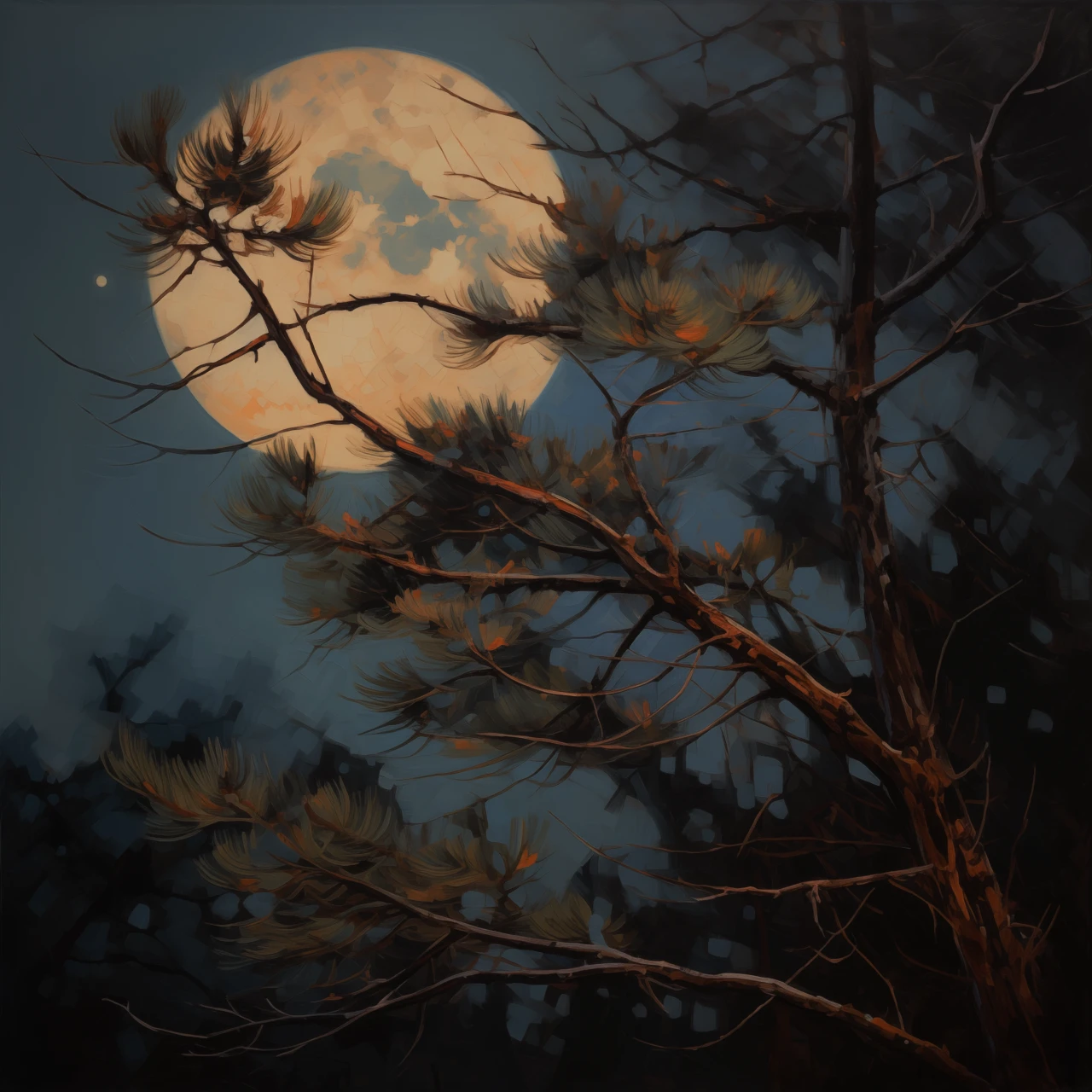 An impressionist style painting of a pine tree limb in front of a large moon