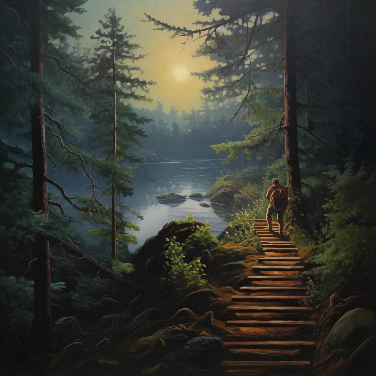 An impressionist style painting of a man descending wooden stairs toward a river in the early morning