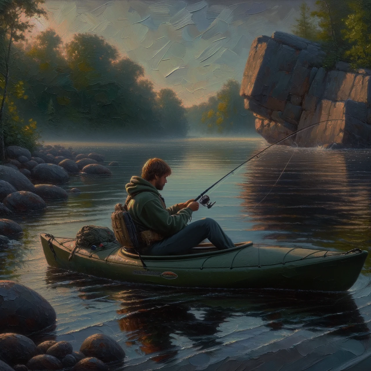 An impressionist style painting of a man sitting in a kayak fishing