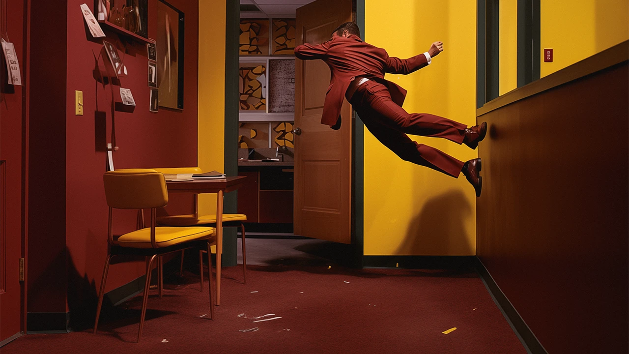 Man jolting off of a wall into doorway in midcentury office setting