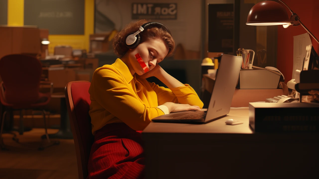 Woman sitting at desk in mid-century office with headphones on and red tape over mouth