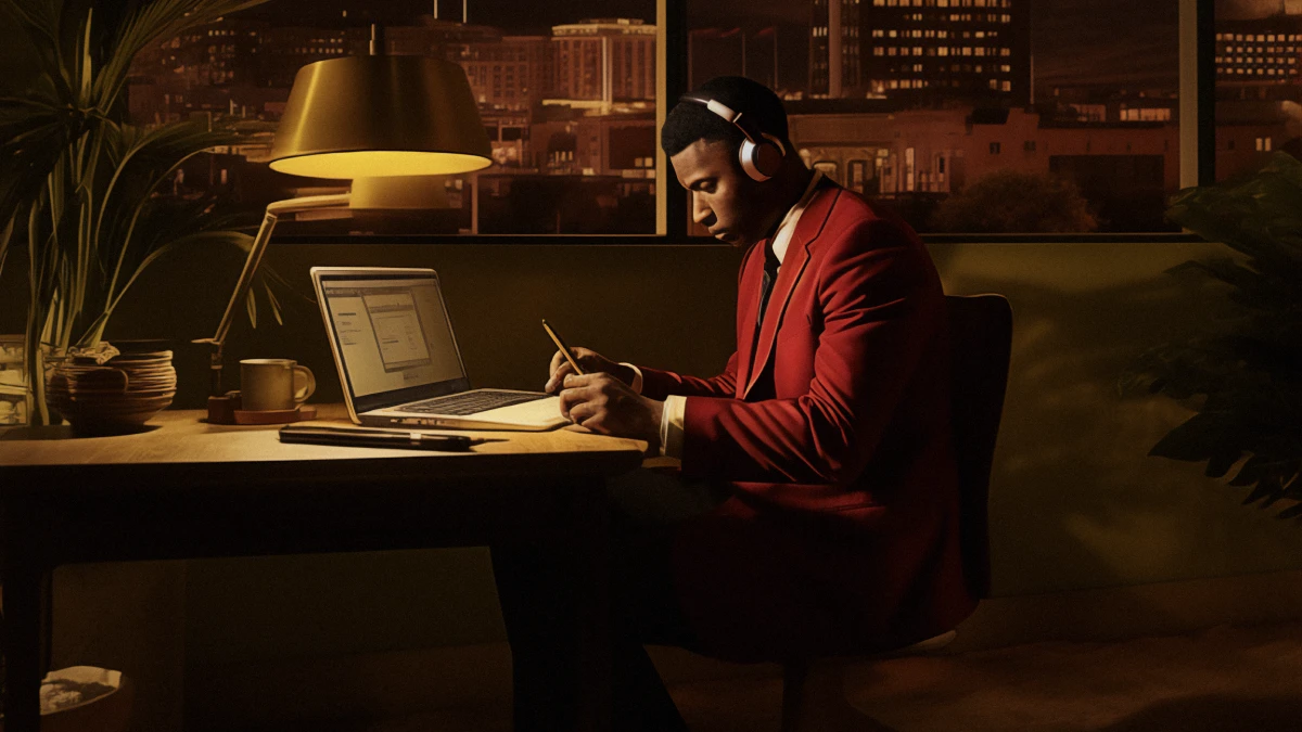 A man sitting at a table writing with an obnoxiously large pen - image generated by MidJourney