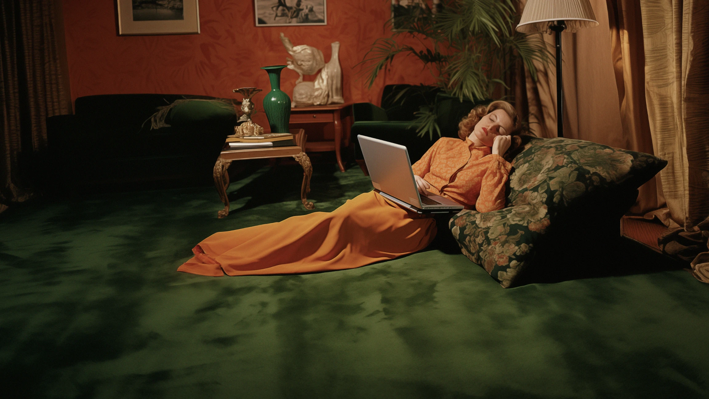 a woman dozing off while using a laptop in a midcentury living room - image generated by MidJourney