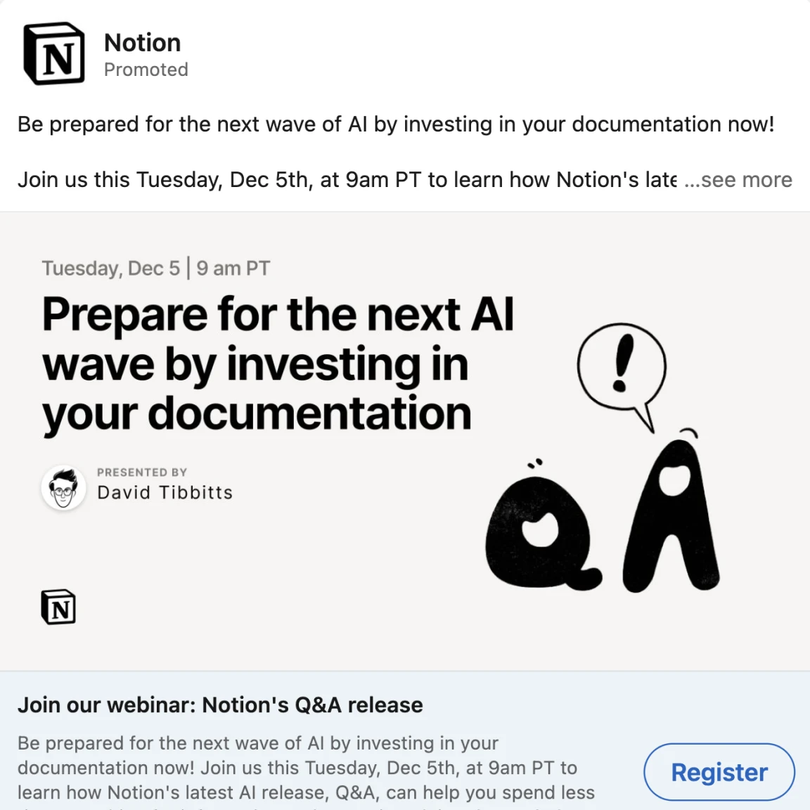 A LinkedIn ad with some plain text set in Inter and a small illustration that says QA from Notion