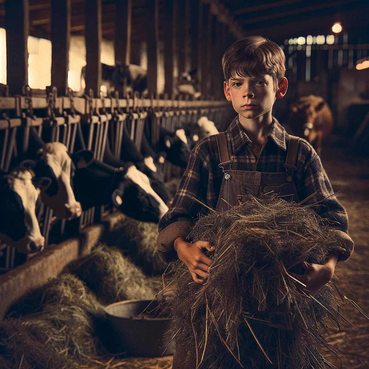 A photograph from the 1980's of a young boy holding hay in a cattle barn