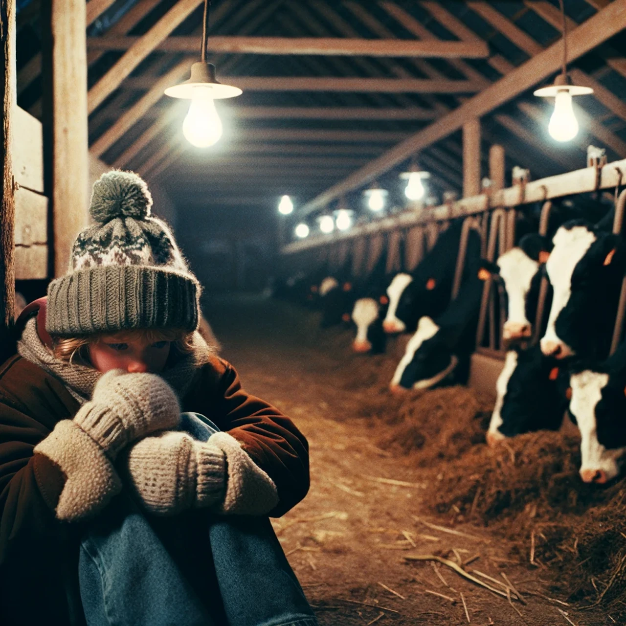 A photograph from the 1980's of a young girl staying warm in a cattle barn