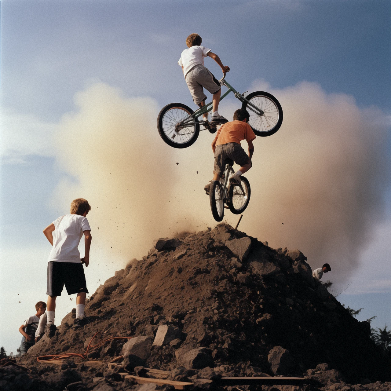 A photograph of two boys launching themselves into the air on bxm bikes off of a dirt mound