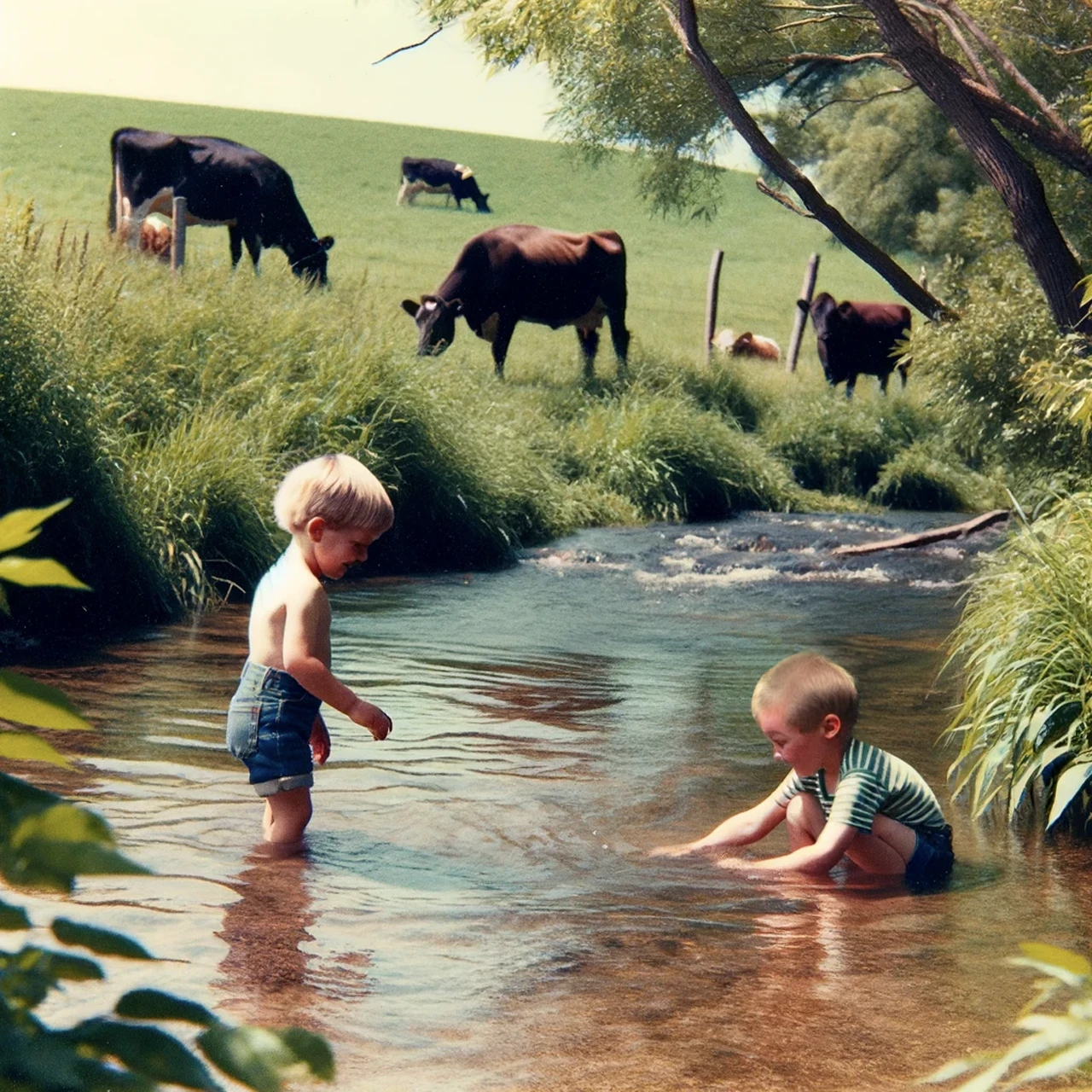 A photograph from the 1990's of two young boys playing in a creek surrounded by cattle pasture