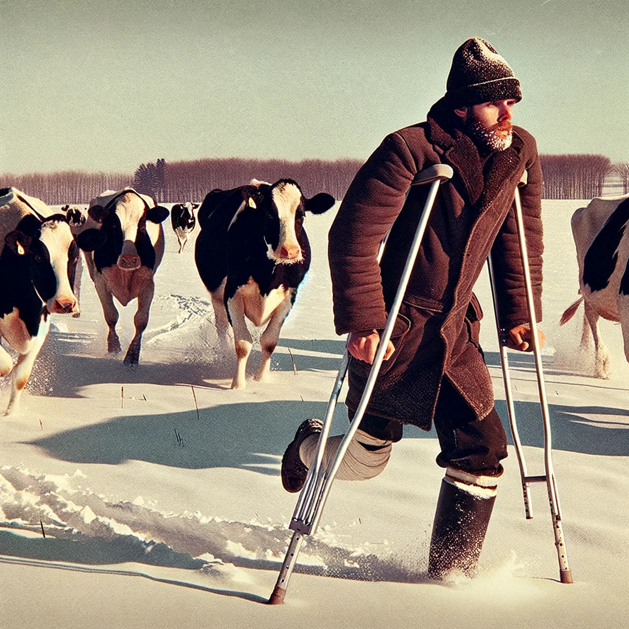 A photograph from the 1970's of a man bringing escaped cows back to their pen