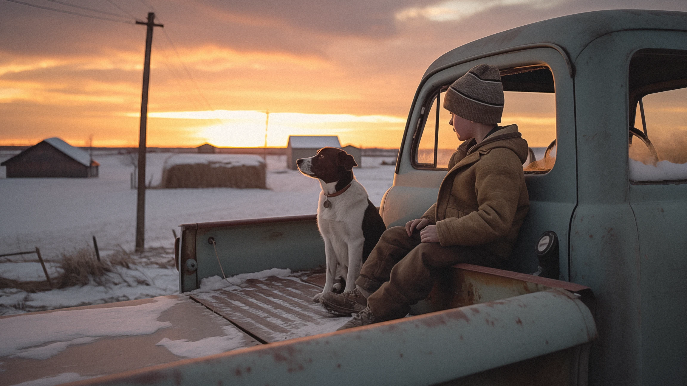 A child sitting with his dog on an old truck at a Wisconsin farm during sunrise - image generated by MidJourney
