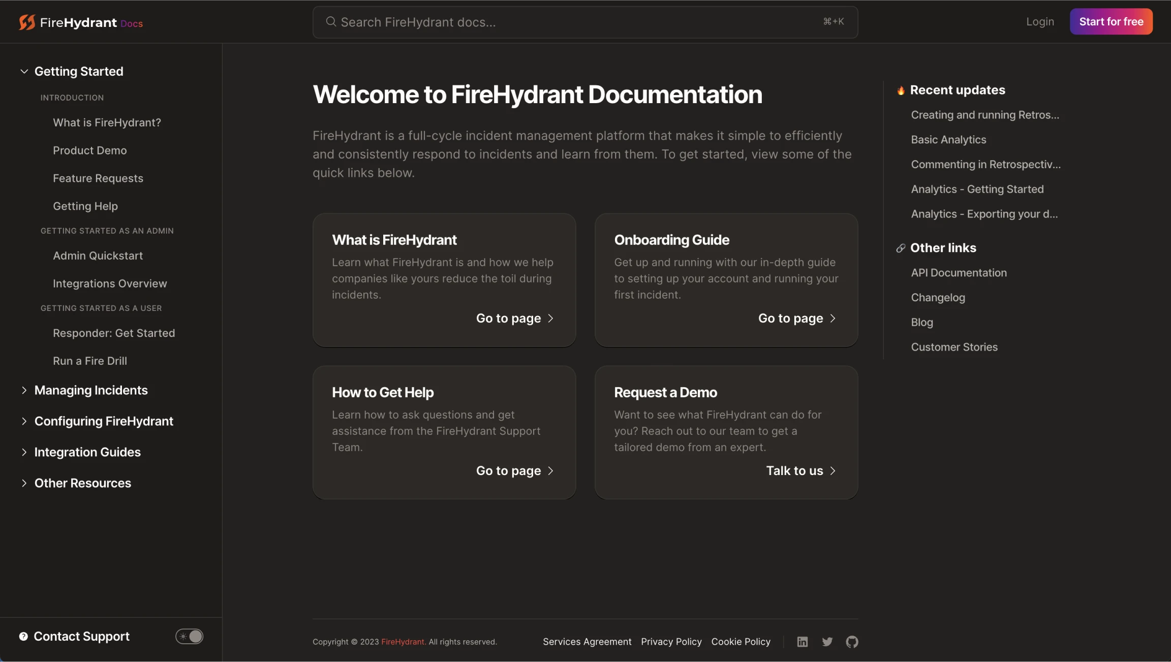 FireHydrant's Documentation site homepage